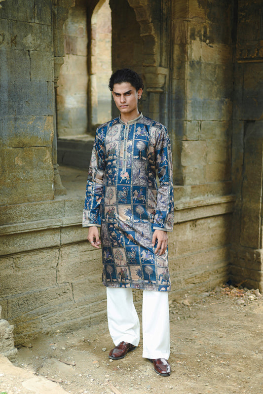 Rama Silk Kurta with Digital Print and Foil Work Detailing