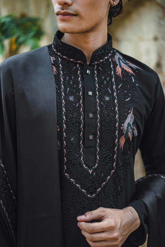 Black Kurta Set with Elegant Thread Work Embroidery and Dupatta