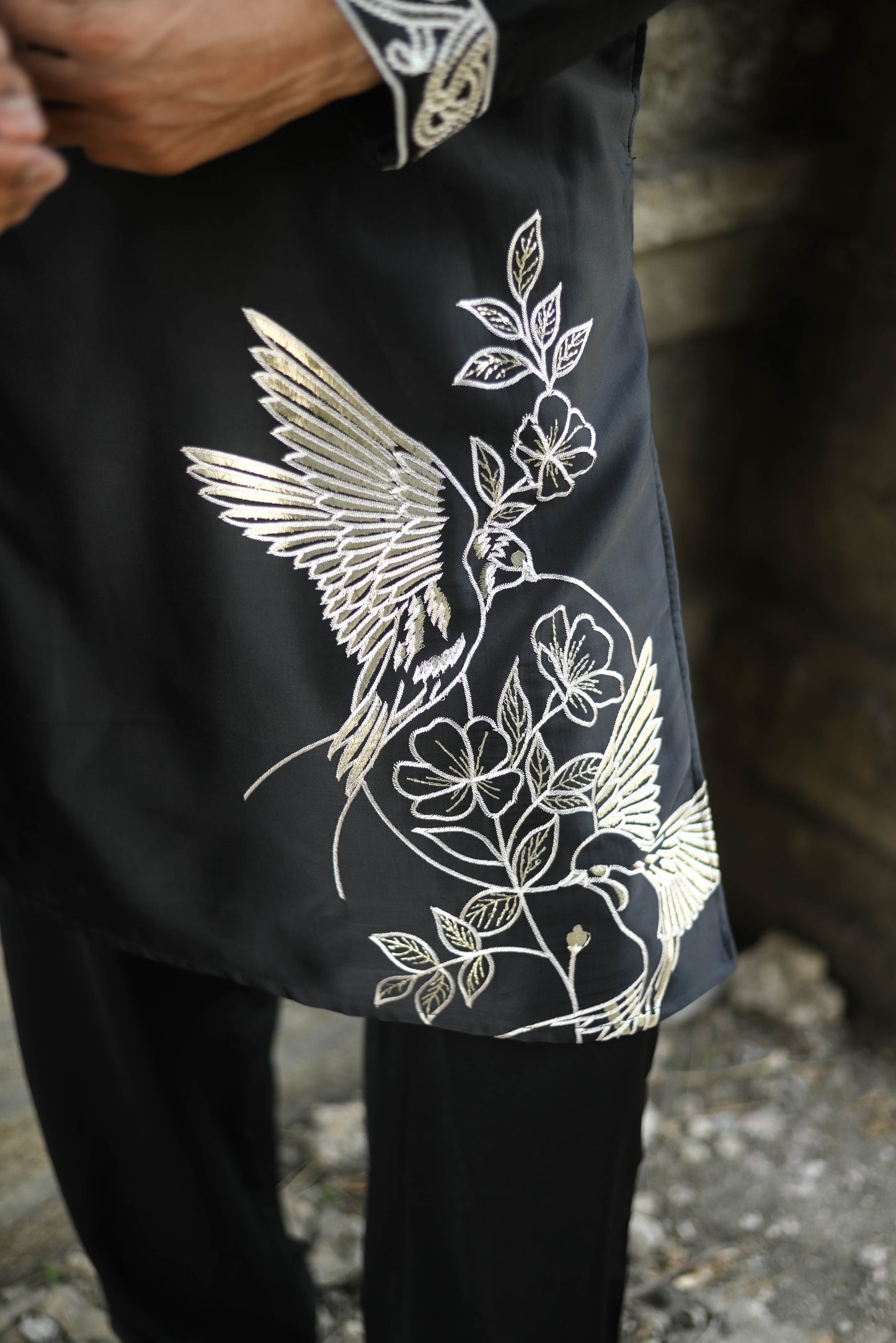 Black Satin Silk Kurta with Foil & Thread Embroidery for Festive Flair