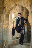 Black Satin Silk Kurta with Foil & Thread Embroidery for Festive Flair
