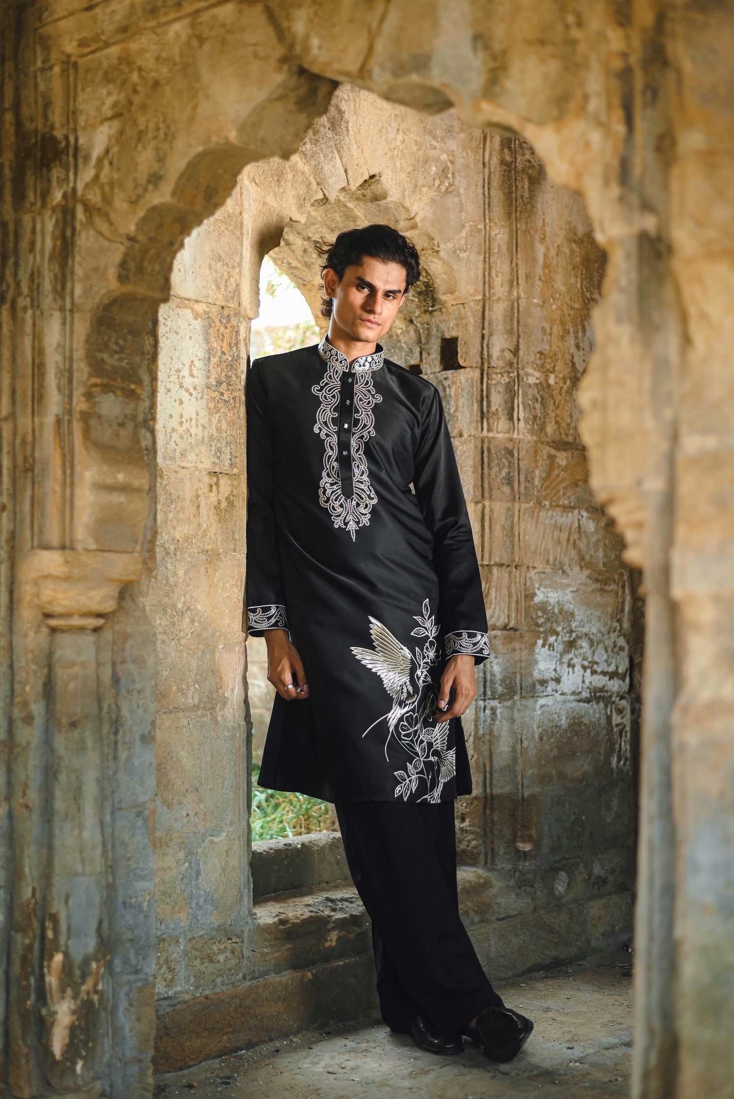 Black Satin Silk Kurta with Foil & Thread Embroidery for Festive Flair