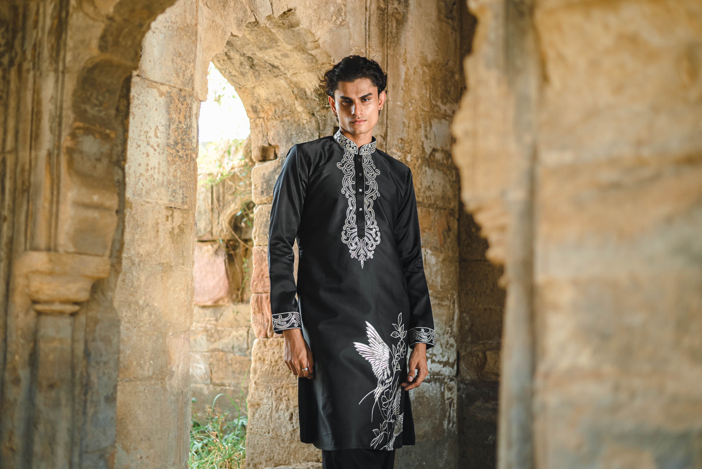 Black Satin Silk Kurta with Foil & Thread Embroidery for Festive Flair