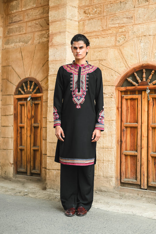 Black V-Neck Kurta with Intricate Thread Work Embroidery