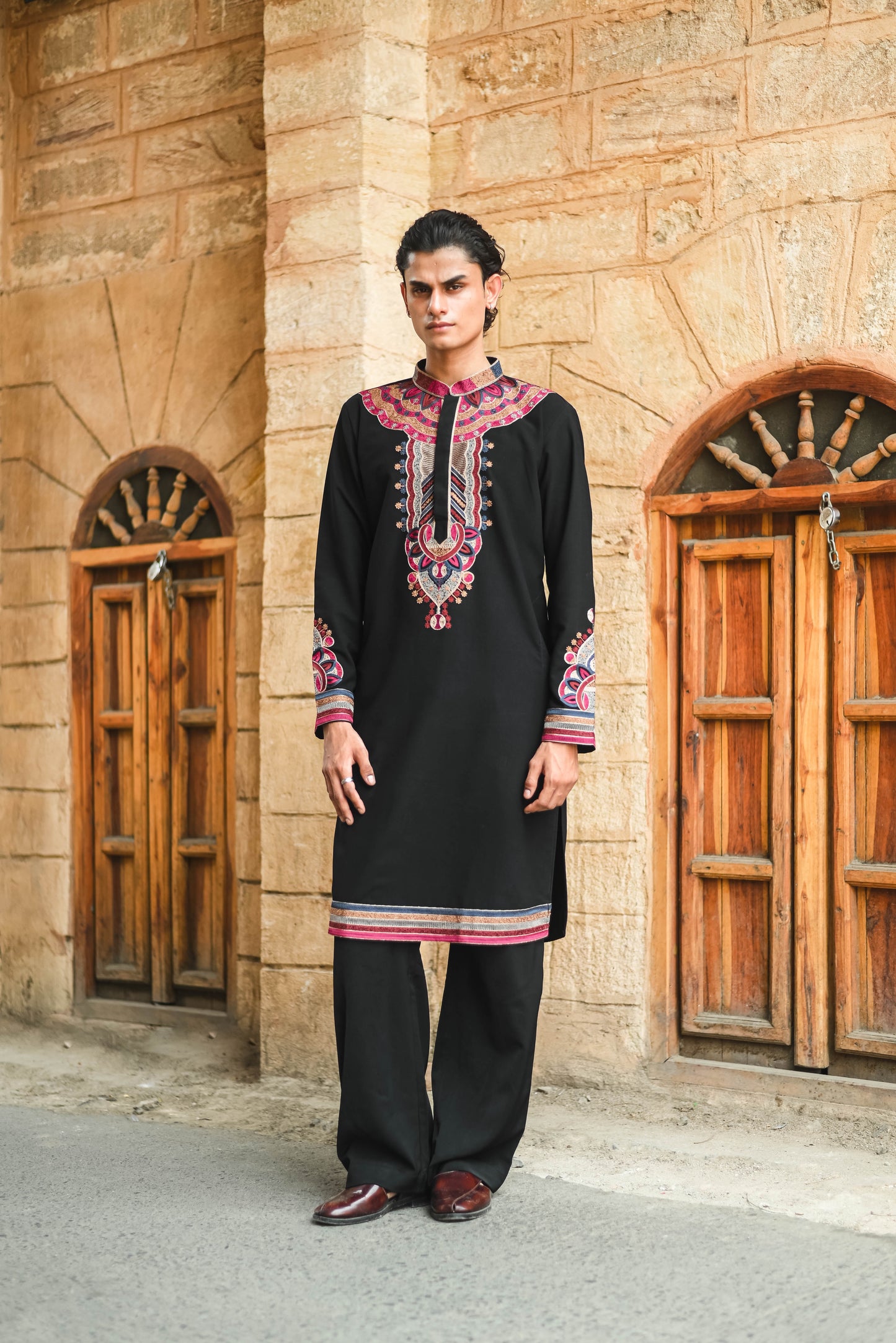 Black V-Neck Kurta with Intricate Thread Work Embroidery