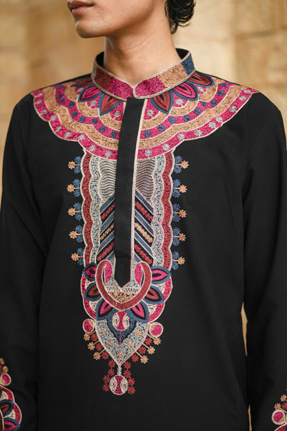 Black V-Neck Kurta with Intricate Thread Work Embroidery