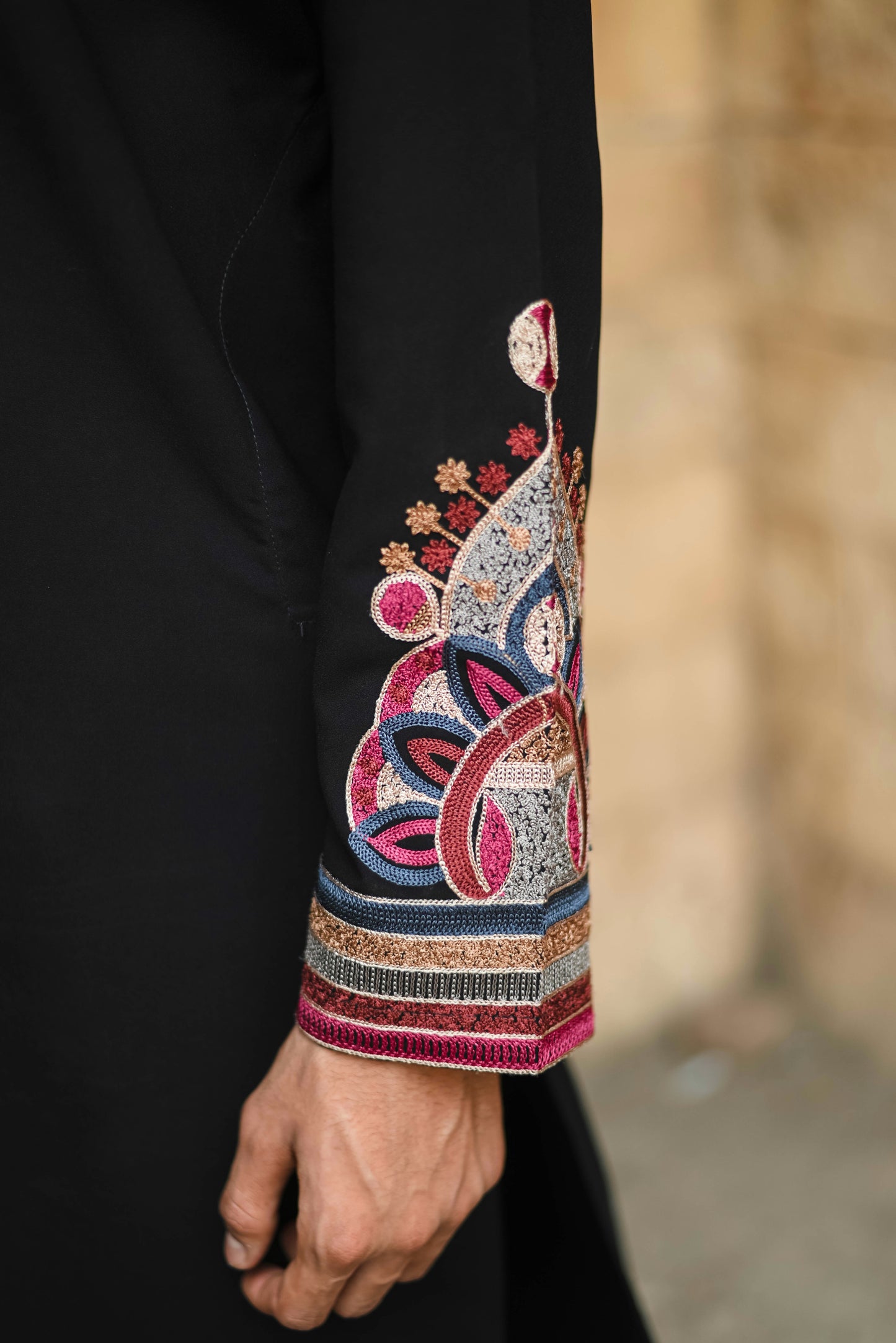 Black V-Neck Kurta with Intricate Thread Work Embroidery