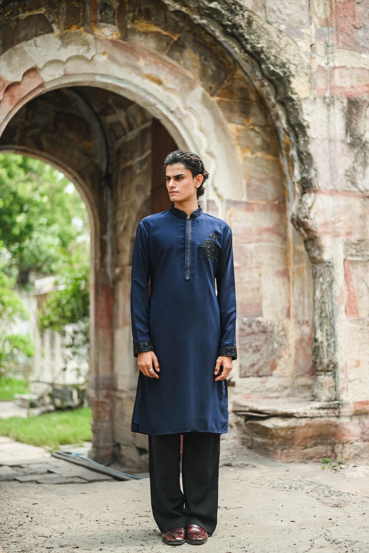Navy Blue Kurta with Delicate Bead Work for a Refined Look