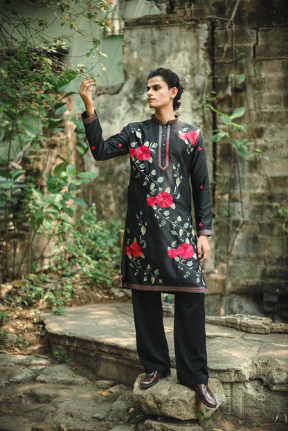 Black Satin Silk Kurta with Elegant Floral Embroidery