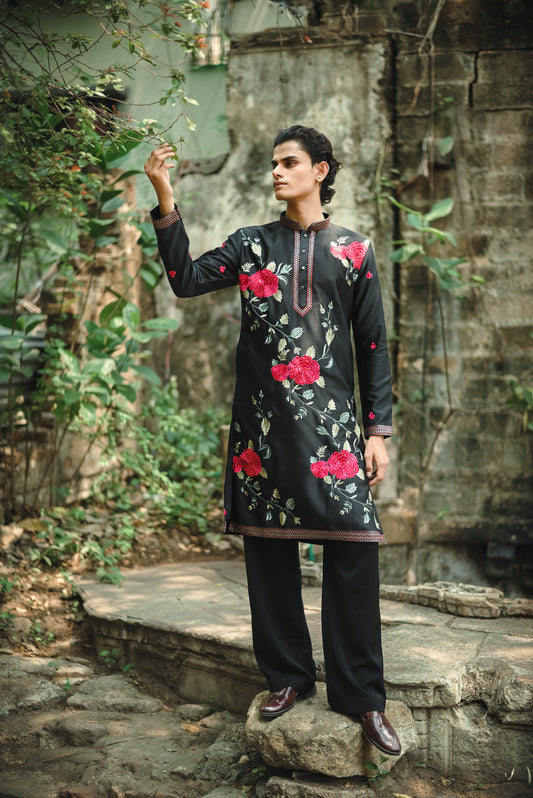 Black Satin Silk Kurta with Elegant Floral Embroidery