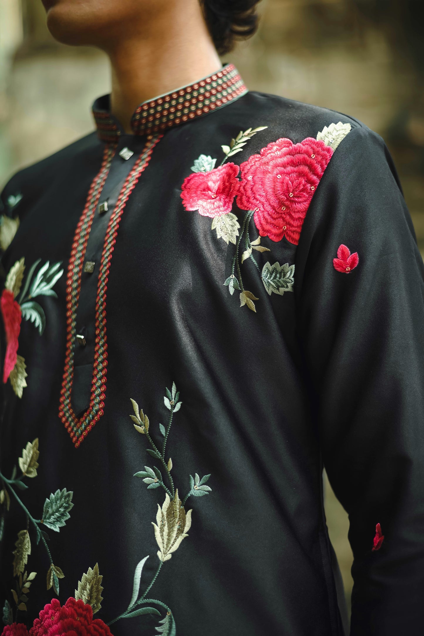 Black Satin Silk Kurta with Elegant Floral Embroidery