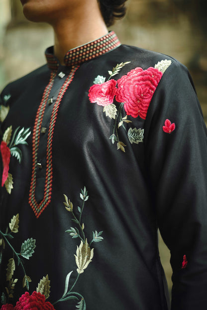 Black Satin Silk Kurta with Elegant Floral Embroidery