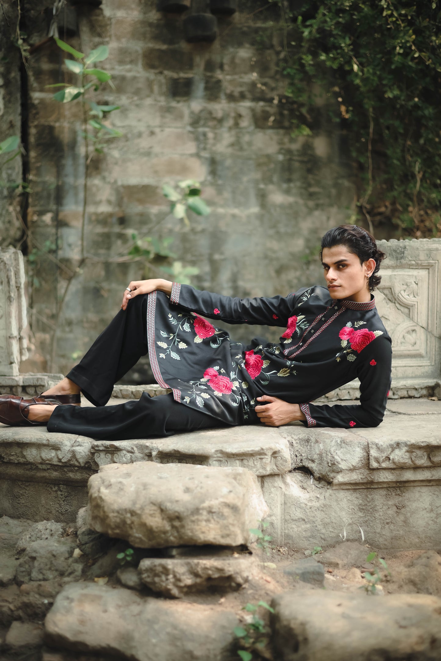 Black Satin Silk Kurta with Elegant Floral Embroidery