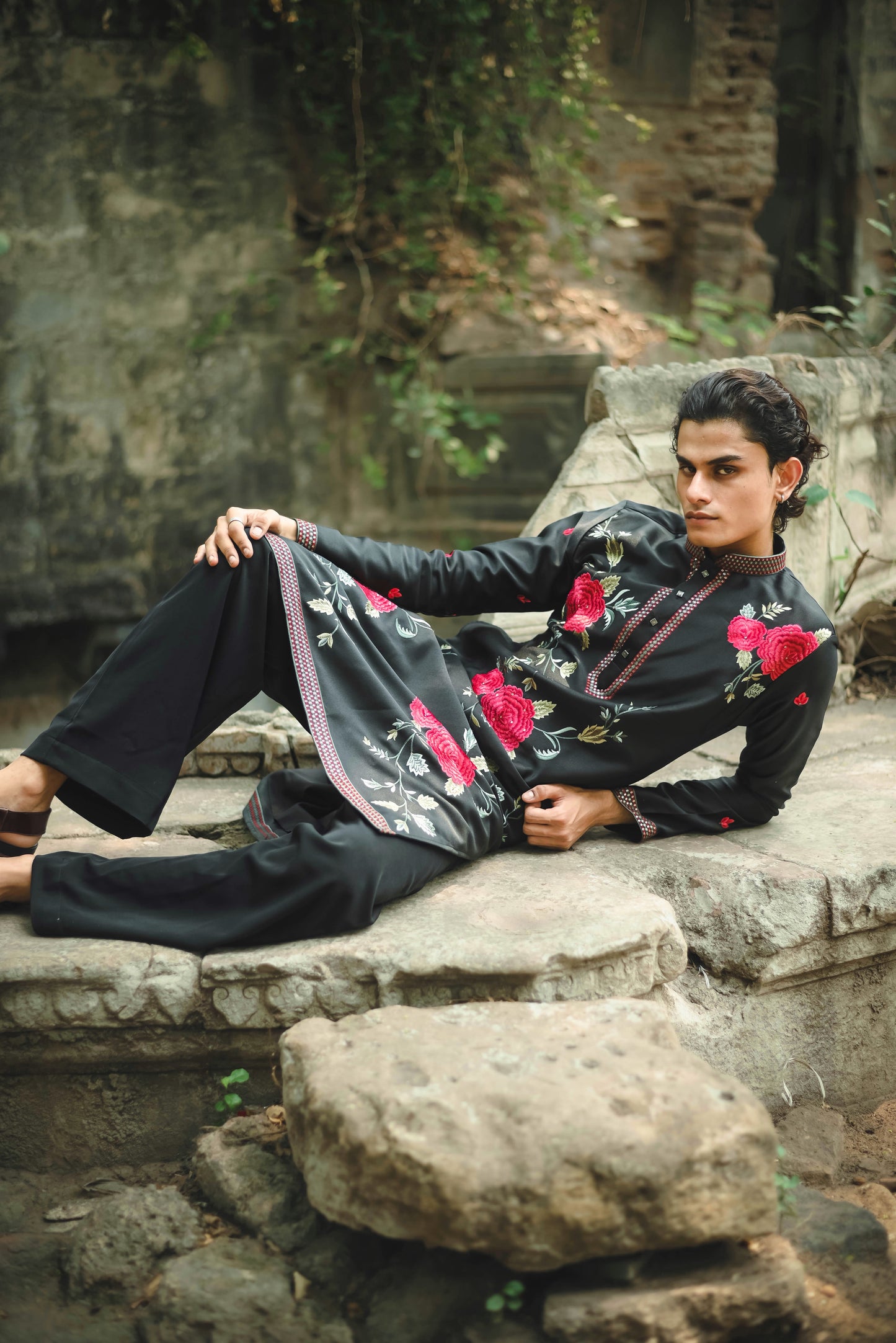 Black Satin Silk Kurta with Elegant Floral Embroidery