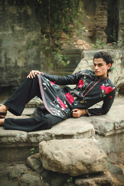 Black Satin Silk Kurta with Elegant Floral Embroidery