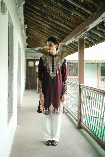 Maroon Zari Embroidered Kurta Set for Festive Occasions