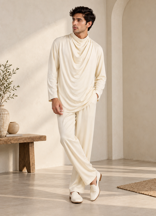Off White Poly Cord Set with Cowl Neck