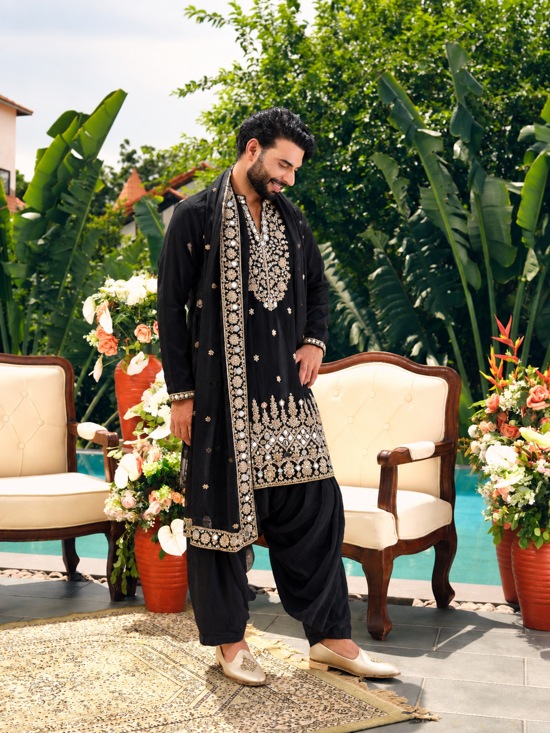 Regal Black Shimmer Organza Kurta with Dupatta Set with Zari Embroidery and Mirror Work