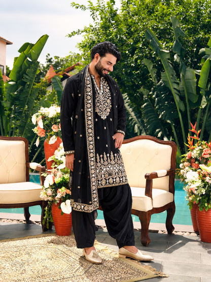 Regal Black Shimmer Organza Kurta with Dupatta Set with Zari Embroidery and Mirror Work