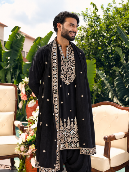 Regal Black Shimmer Organza Kurta with Dupatta Set with Zari Embroidery and Mirror Work