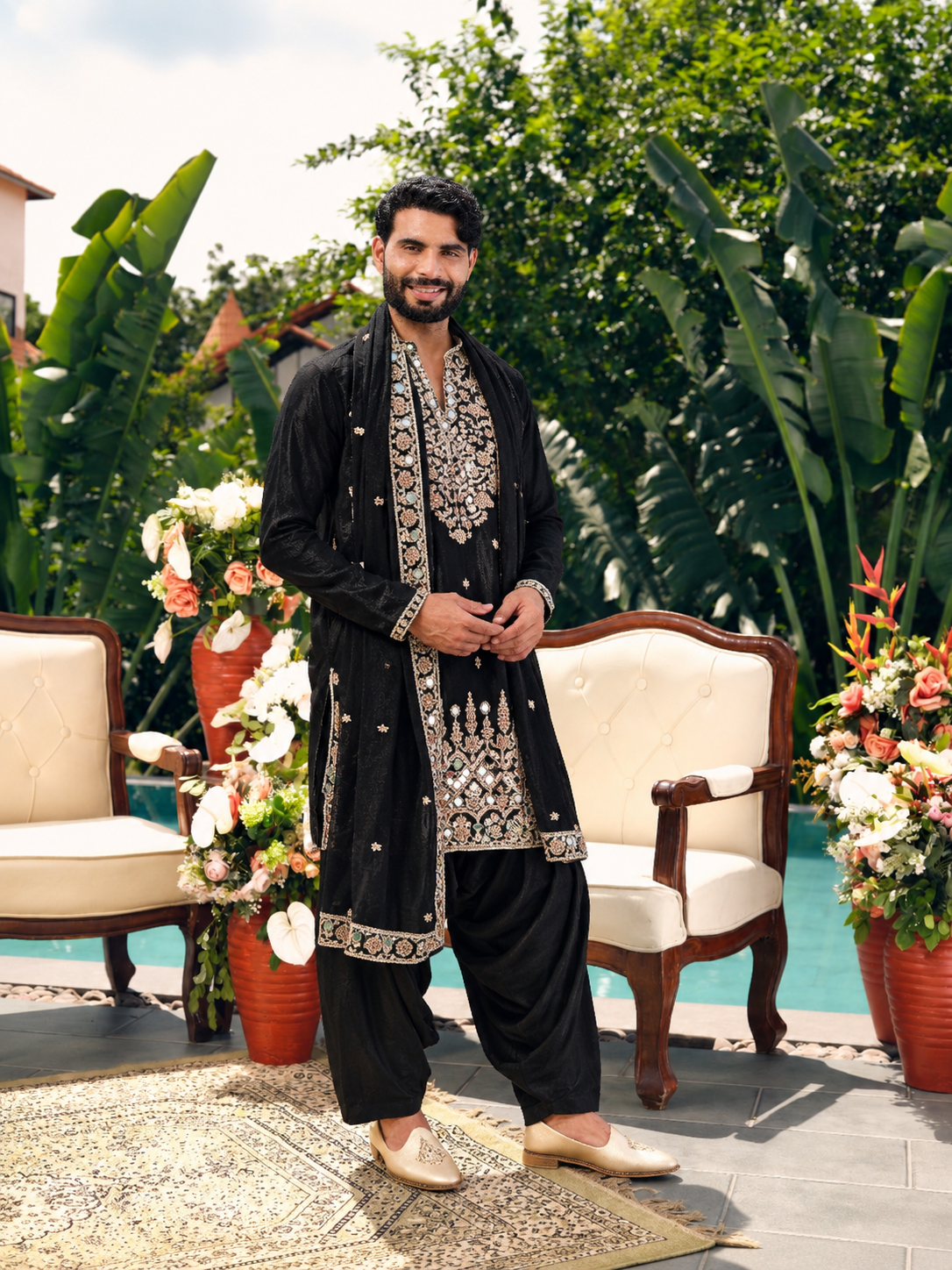 Regal Black Shimmer Organza Kurta with Dupatta Set with Zari Embroidery and Mirror Work