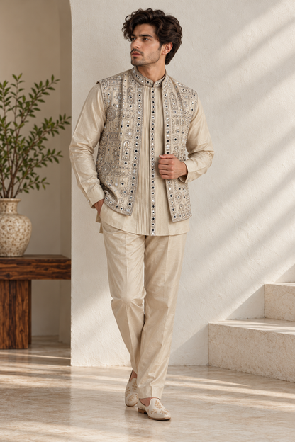 Cream Tissue Silk Bandi Jacket Kurta Set with Mirror Work and Thread Embroidery