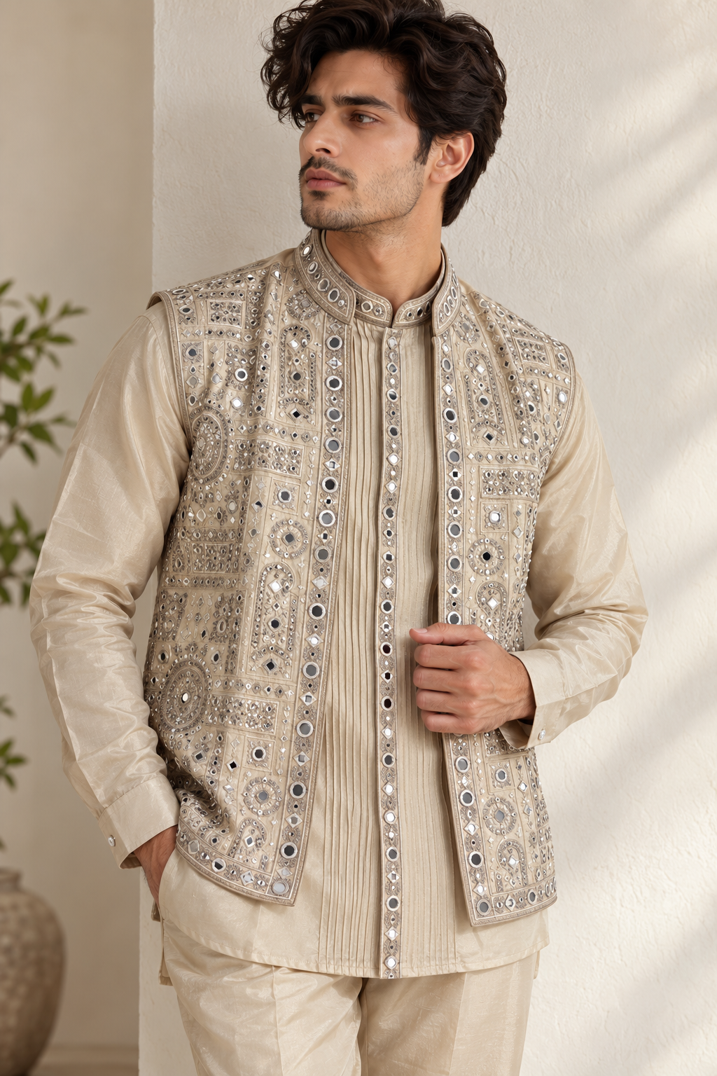 Cream Tissue Silk Bandi Jacket Kurta Set with Mirror Work and Thread Embroidery