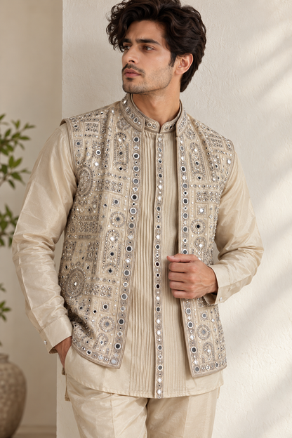 Cream Tissue Silk Bandi Jacket Kurta Set with Mirror Work and Thread Embroidery