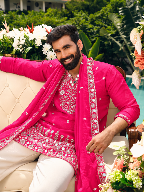 Hot Rose Shimmer Organza Kurta with Dupatta Set with Zari Embroidery and Mirror Work