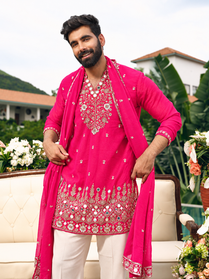 Hot Rose Shimmer Organza Kurta with Dupatta Set with Zari Embroidery and Mirror Work