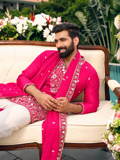 Hot Rose Shimmer Organza Kurta with Dupatta Set with Zari Embroidery and Mirror Work