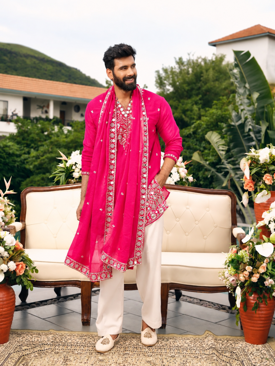 Hot Rose Shimmer Organza Kurta with Dupatta Set with Zari Embroidery and Mirror Work
