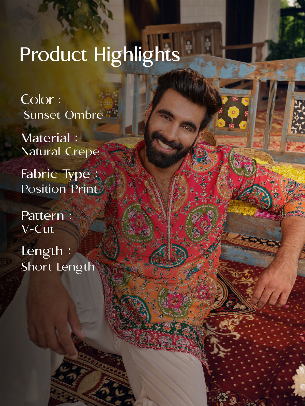 Sunset Ombre Natural Crepe Short Kurta Set with Position Print