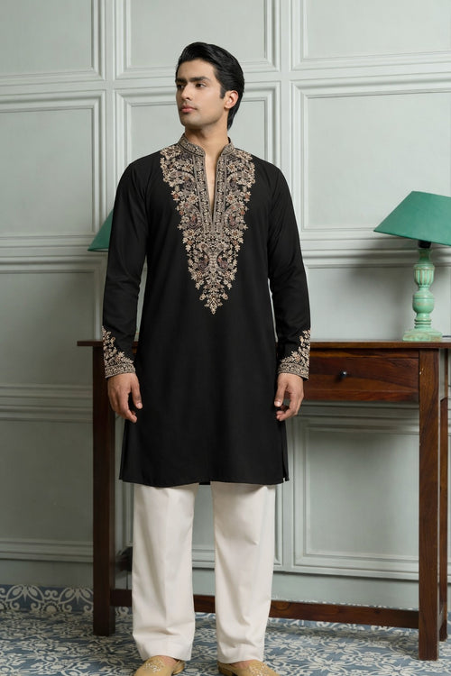 Black Japanese Fabric Kurta–Bottom Set with Thread Work