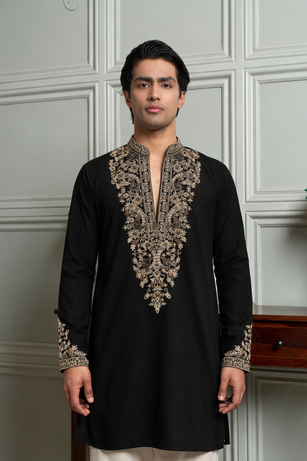 Black Japanese Fabric Kurta–Bottom Set with Thread Work