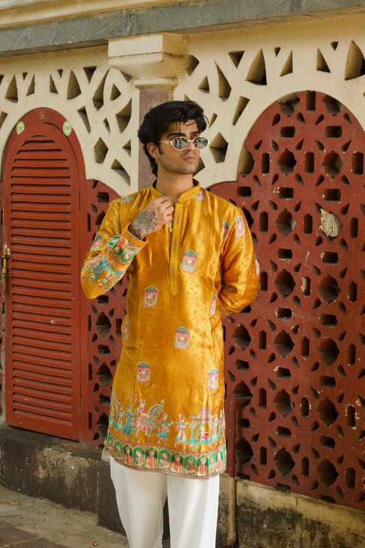Men's Mustard Jacquard Silk Kurta Set with Swarovski Stone Detailing