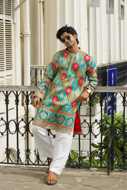 Men's Aqua Blue Jacquard Kurta Set with Position Print