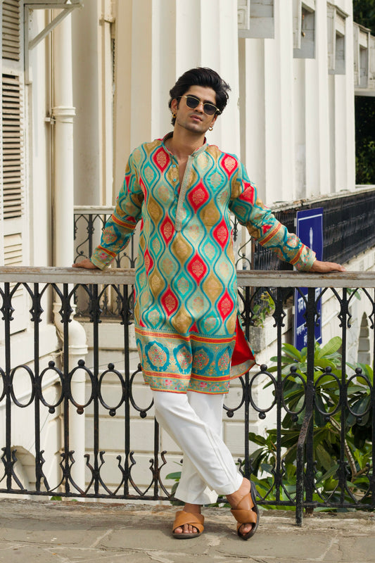 Men's Aqua Blue Jacquard Kurta Set with Position Print