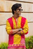 Men's Pink & Mustard Dola Silk Kurta Set with Bandhani Print