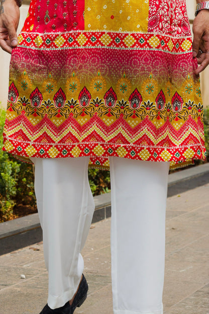 Men's Pink & Mustard Dola Silk Kurta Set with Bandhani Print