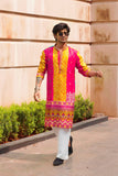 Men's Pink & Mustard Dola Silk Kurta Set with Bandhani Print