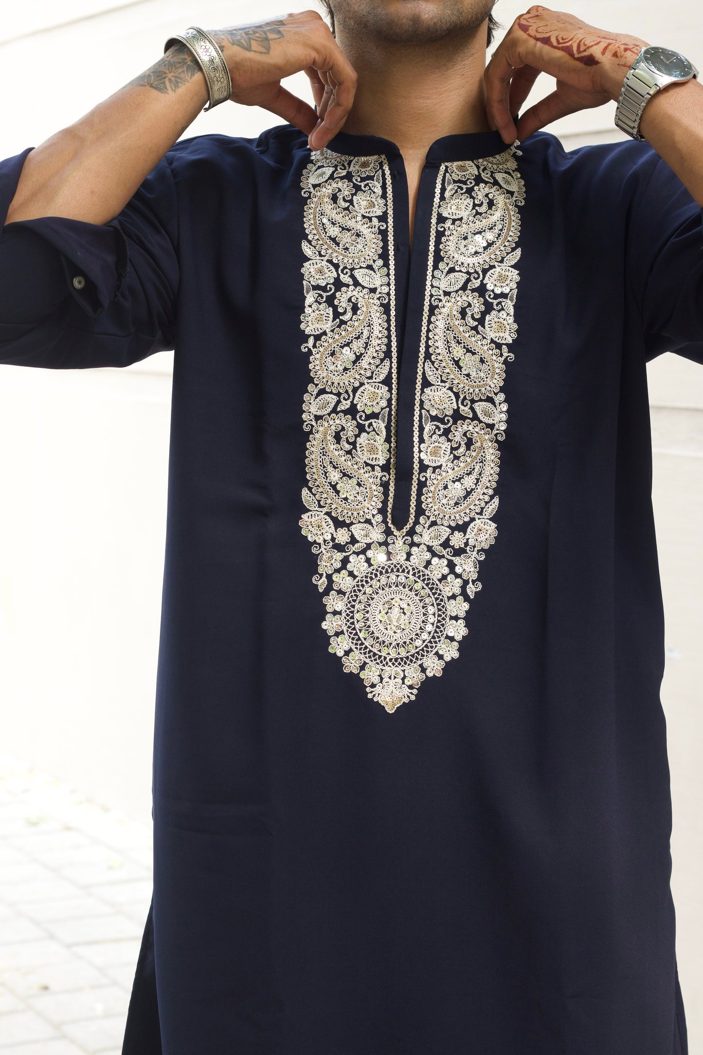 Men's Navy Blue Kurta Set with Sequins & Cording Embroidery
