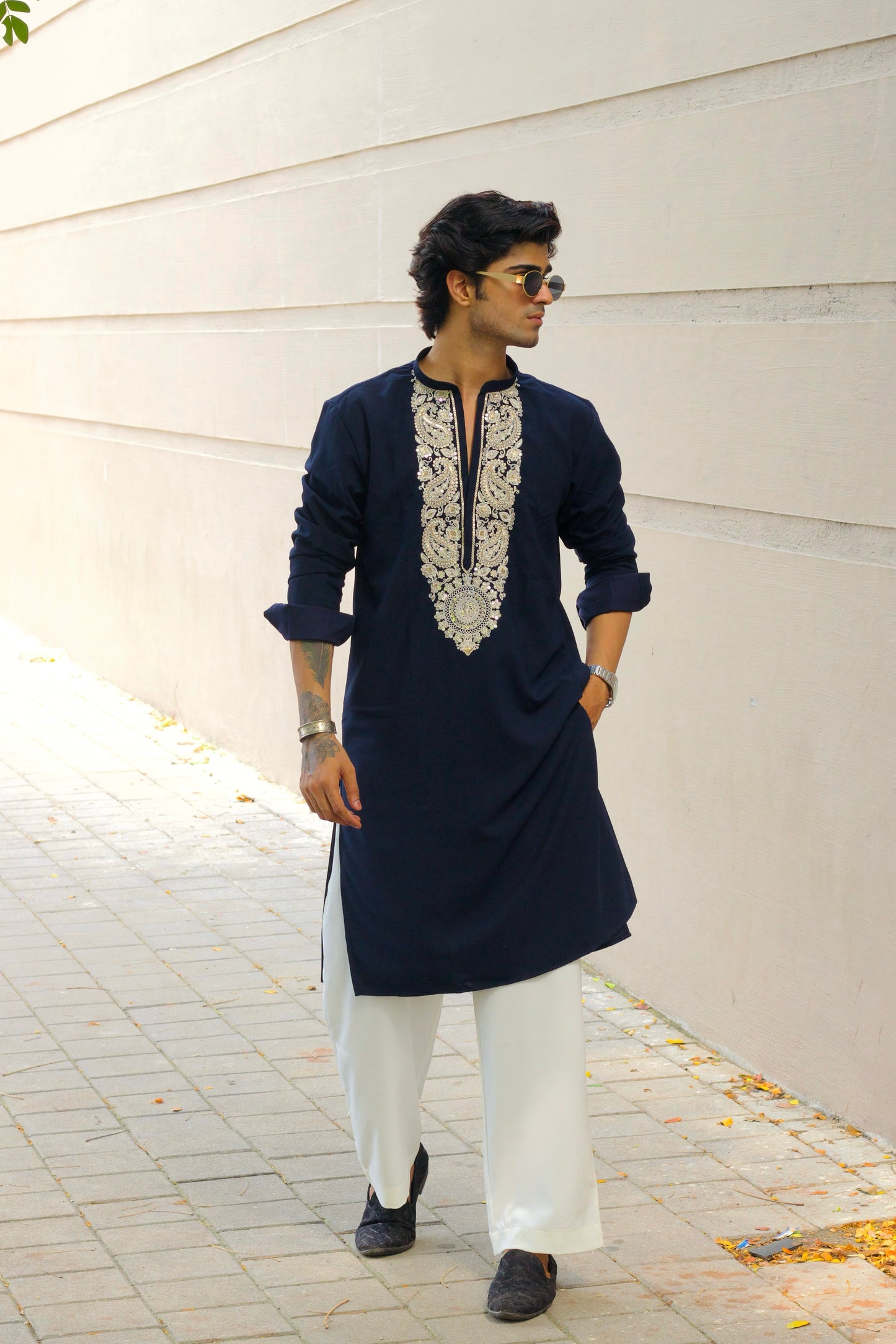 Men's Navy Blue Kurta Set with Sequins & Cording Embroidery