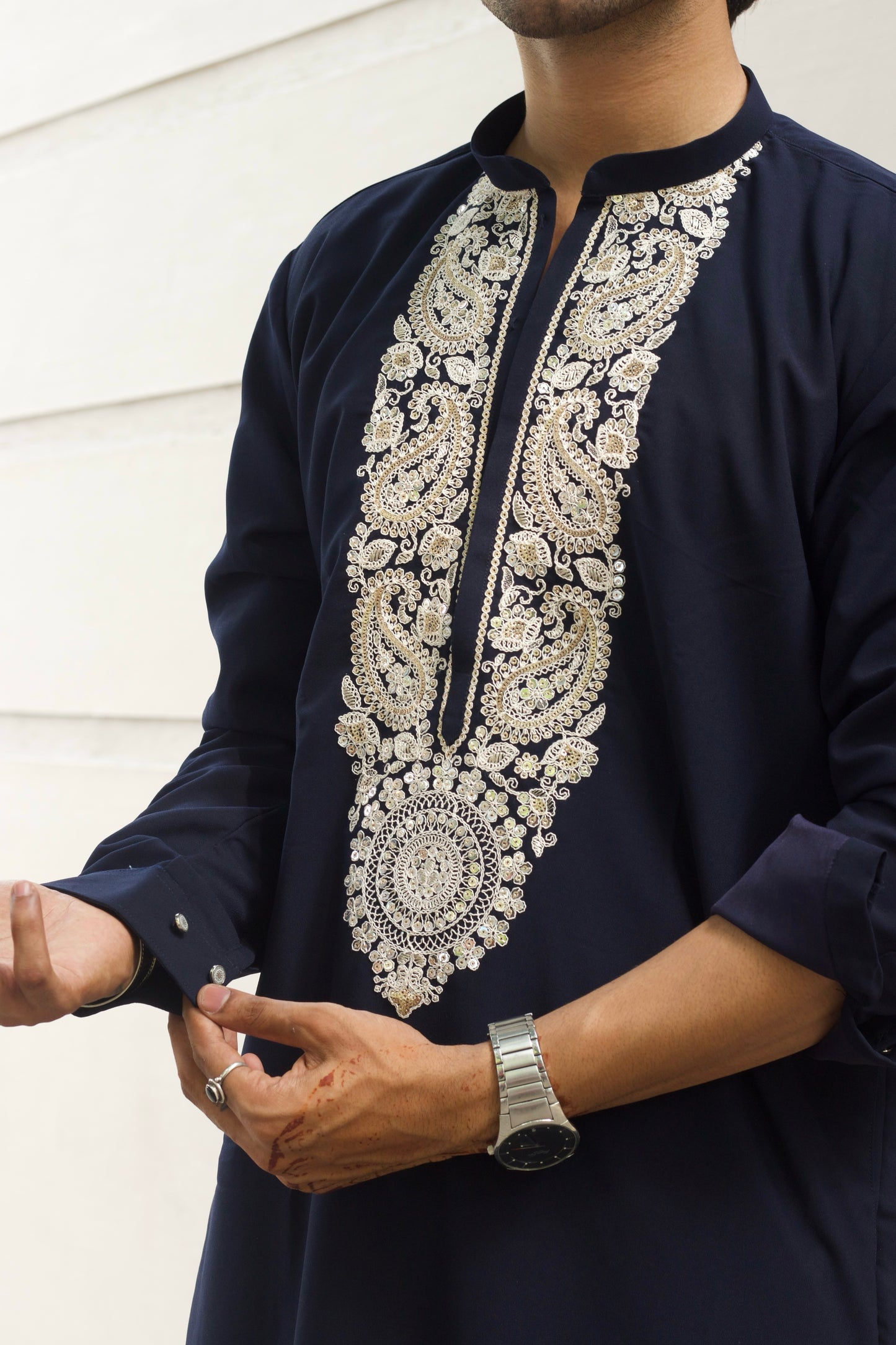 Men's Navy Blue Kurta Set with Sequins & Cording Embroidery