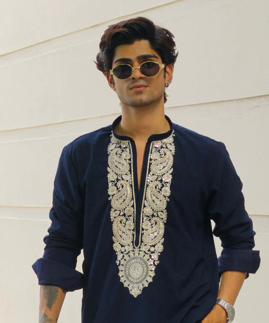 Men's Navy Blue Kurta Set with Sequins & Cording Embroidery