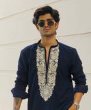 Men's Midnight Blue Kurta Set with Sequins & Cording Embroidery