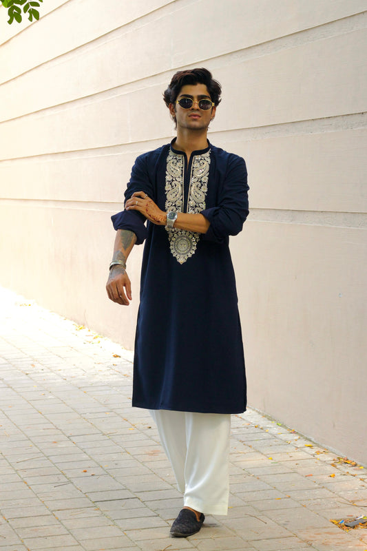 Men's Navy Blue Kurta Set with Sequins & Cording Embroidery