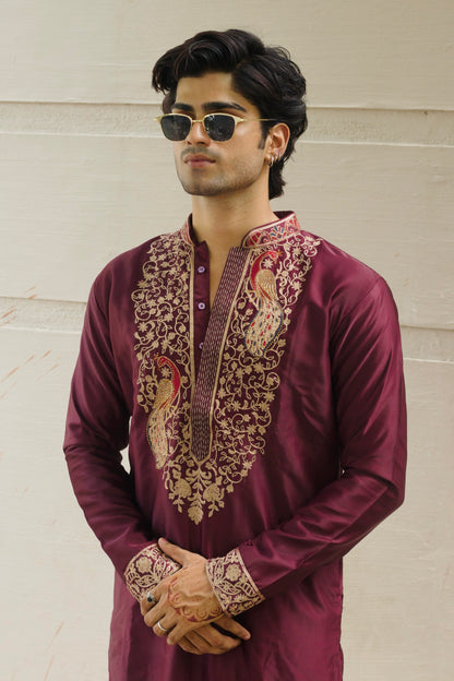 Men's Wine Satin Silk Kurta Set with Thread Work Embroidery