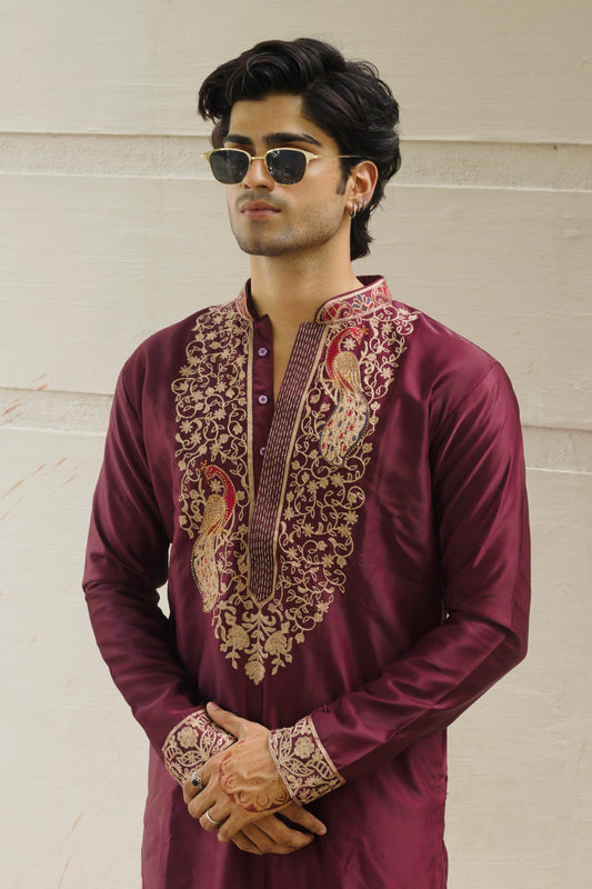 Men's Wine Satin Silk Kurta Set with Thread Work Embroidery
