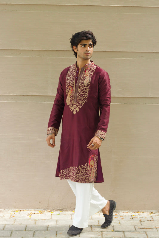 Men's Wine Satin Silk Kurta Set with Thread Work Embroidery