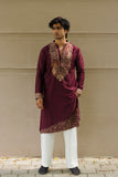 Men's Wine Satin Silk Kurta Set with Thread Work Embroidery